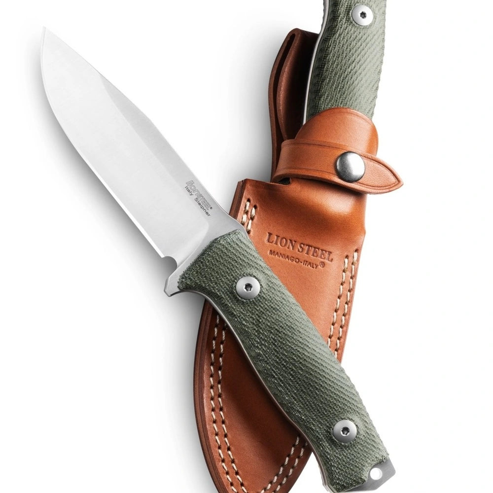 LionSteel M5 - FIXED BLADE SATIN GREEN CANVAS HANDLE LEATHER SHEATH M5 CVG