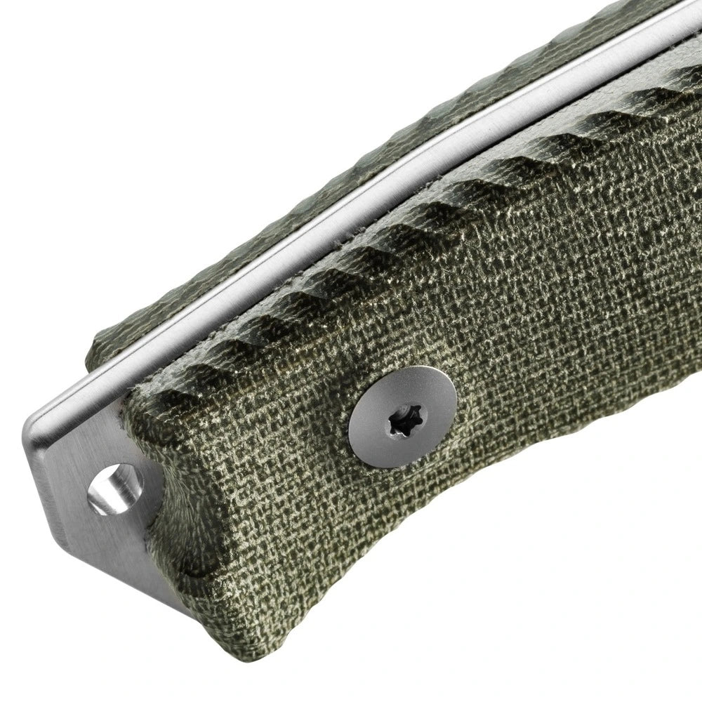 LionSteel M5 - סכין קבועה להב סאטן ידית בד ירוקה נרתיק עור M5 CVG