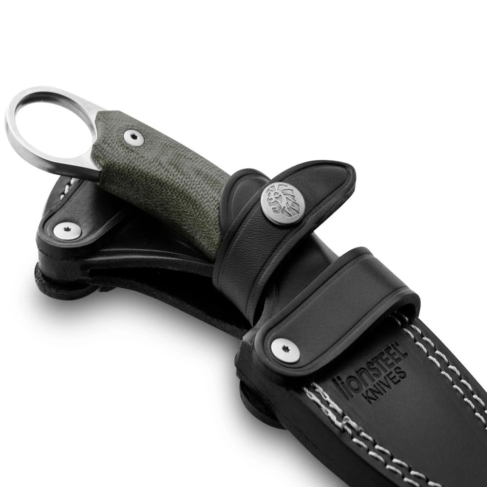 LionSteel H1 - סכין קבועה עם להב M390 שטוף אבן, ידית בד ירוקה H1 CVG