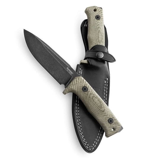 LionSteel T5 - סכין קבועה עם להב שחור, ידית מיקרטה ירוקה, נרתיק עור T5B CVG