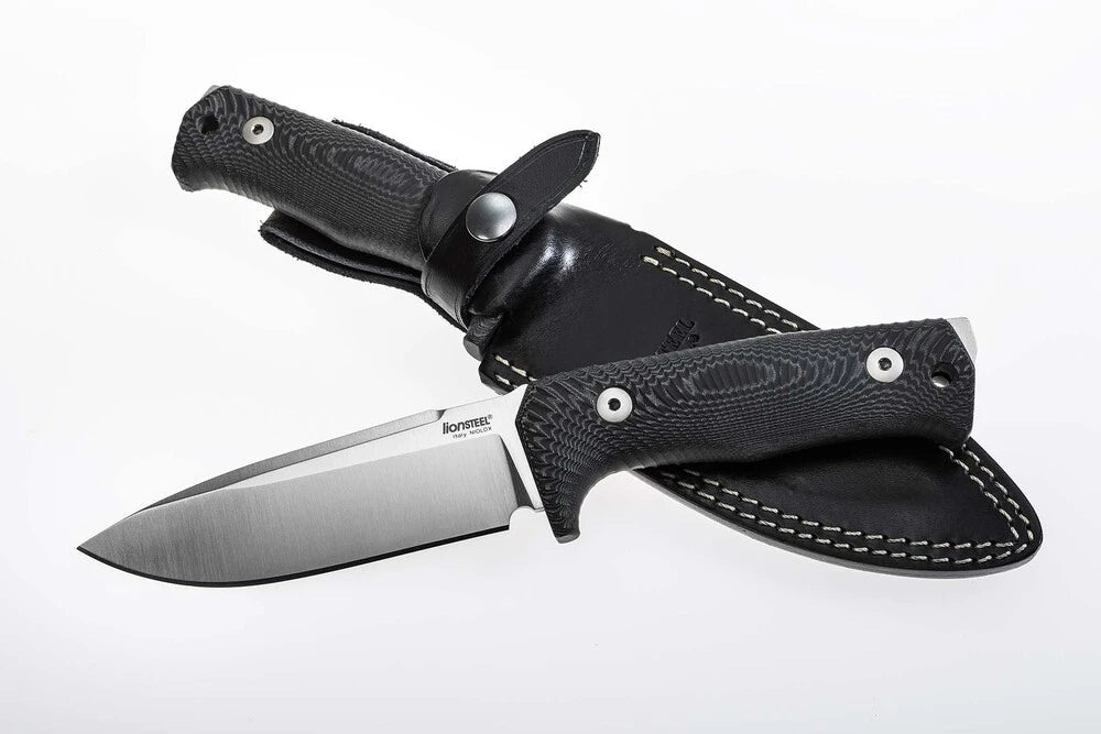 LionSteel T5 - FIXED BLADE SATIN BLADE, BLACK MICARTA HANDLE, LEATHER SHEATH T5 MI