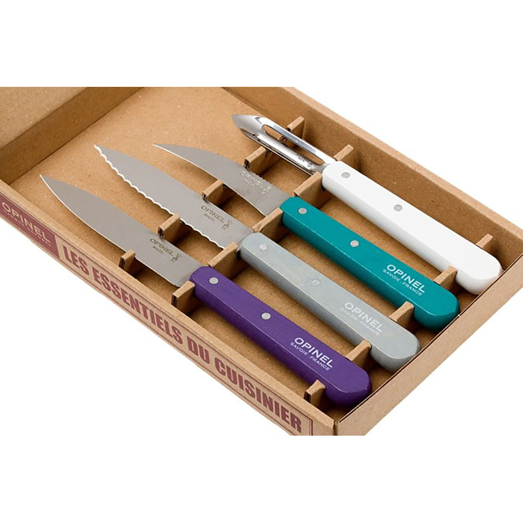 Essential Art deco Kitchen Knife Set Colored Stained Birchwood Handle